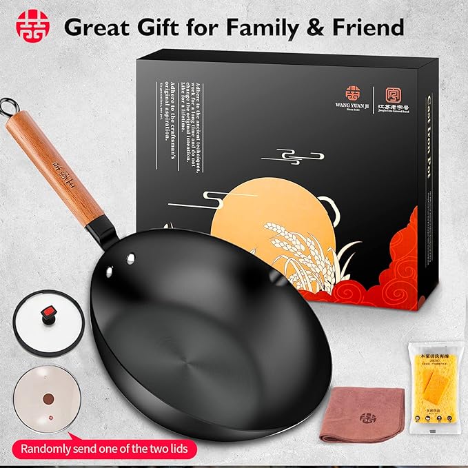Carbon Steel Wok Pan, 11" Flat Bottom Woks and Stir Fry Pans with Lid - Thumbnail 3