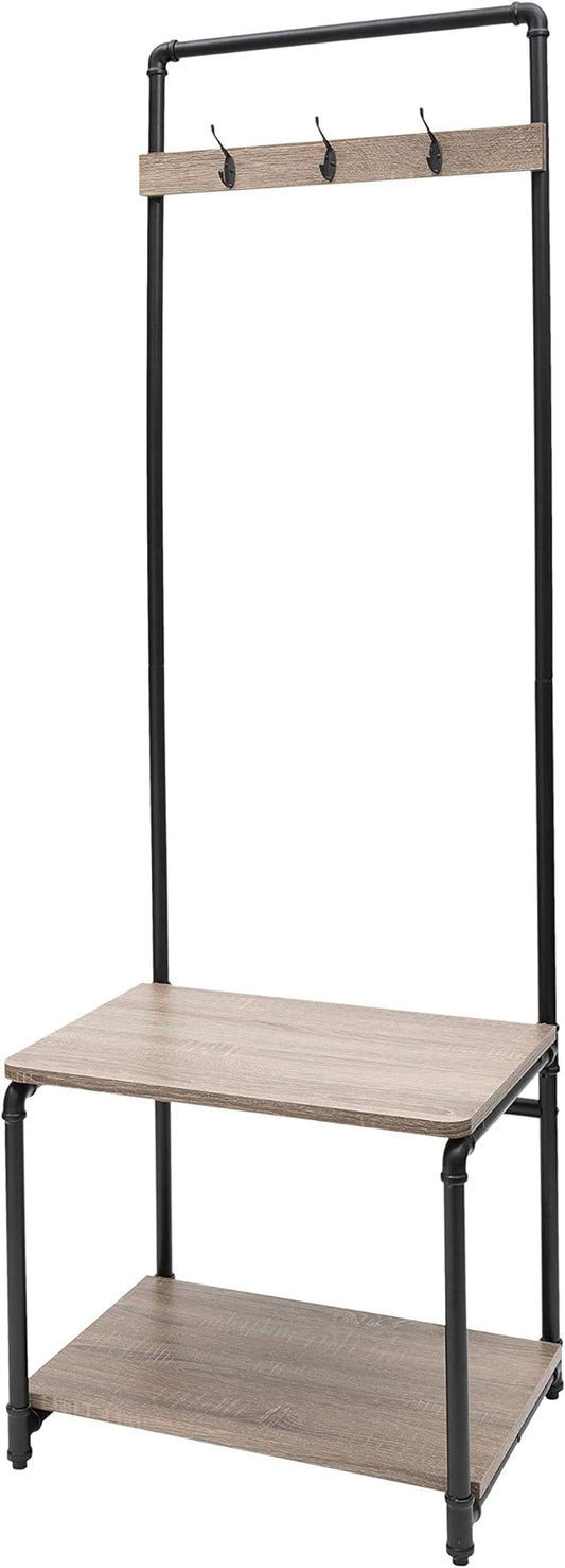 Organize It All Pipe Line Coat Rack 3 Hooks, Shoe Shelf, and Bench Entryway Storage, Black