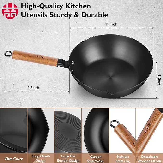 Carbon Steel Wok Pan, 11" Flat Bottom Woks and Stir Fry Pans with Lid - Thumbnail 2