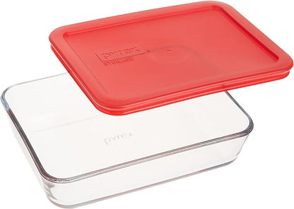 Pyrex Rectangular Glass Food Storage Dish | Clear | Red Plastic Lid - 3 Cups