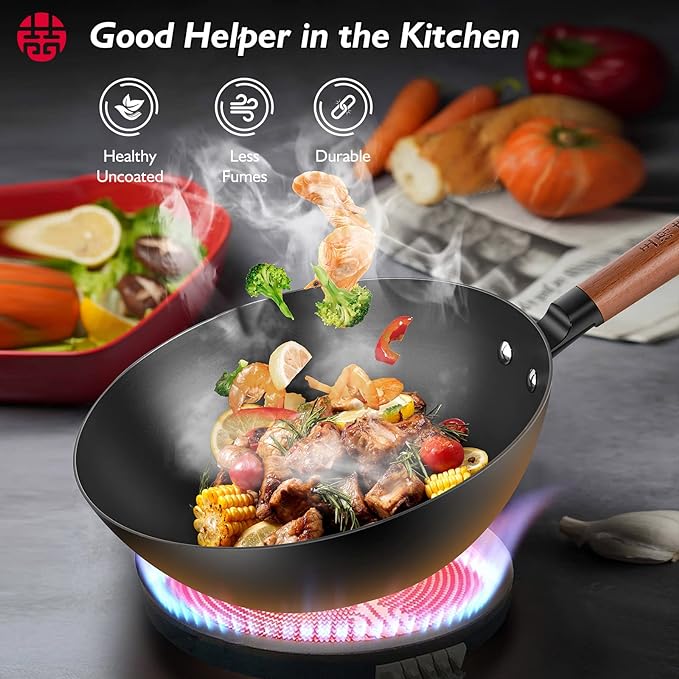 Carbon Steel Wok Pan, 11" Flat Bottom Woks and Stir Fry Pans with Lid - Thumbnail 4