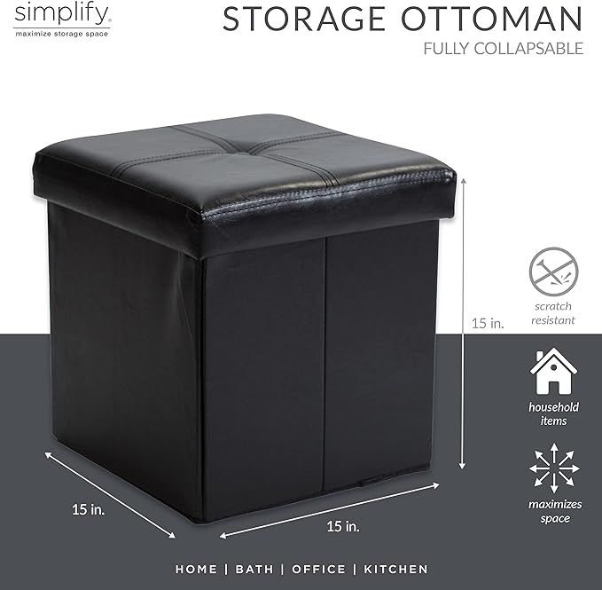 Simplify Faux Leather Cube Storage Ottoman, Black