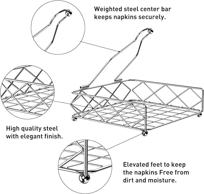 Modern Napkin Holder for Tables, Horizontal Tissue Dispenser for Kitchen, Countertop, Dining or Picnic Table Decoration, Flat Cocktail Napkin Caddy, Silver