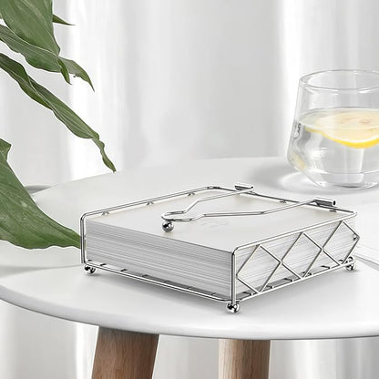 Modern Napkin Holder for Tables, Horizontal Tissue Dispenser for Kitchen, Countertop, Dining or Picnic Table Decoration, Flat Cocktail Napkin Caddy, Silver