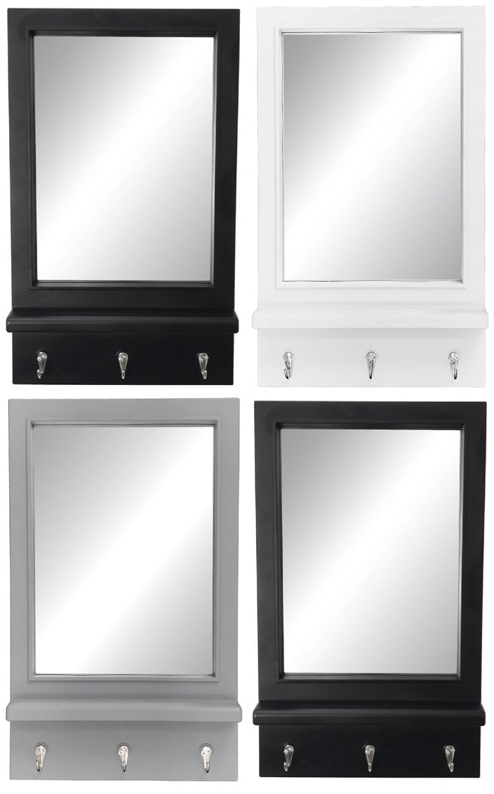 PLASTIC MIRROR W/SHELF & 3 HOOKS - SIZE: 12" x 2" x 20"