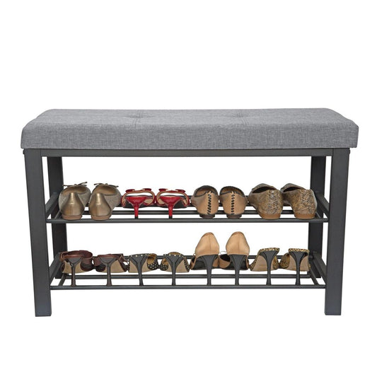 Simplify Entryway Metal Cushioned Bench with 2 Tiers, 8 Pair Shoe Storage in Grey