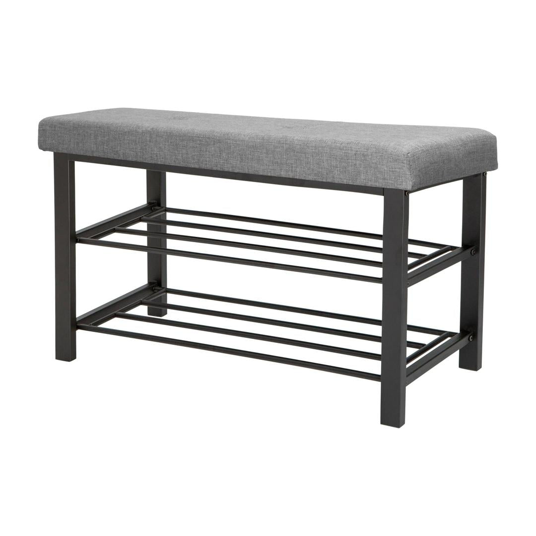 Simplify Entryway Metal Cushioned Bench with 2 Tiers, 8 Pair Shoe Storage in Grey