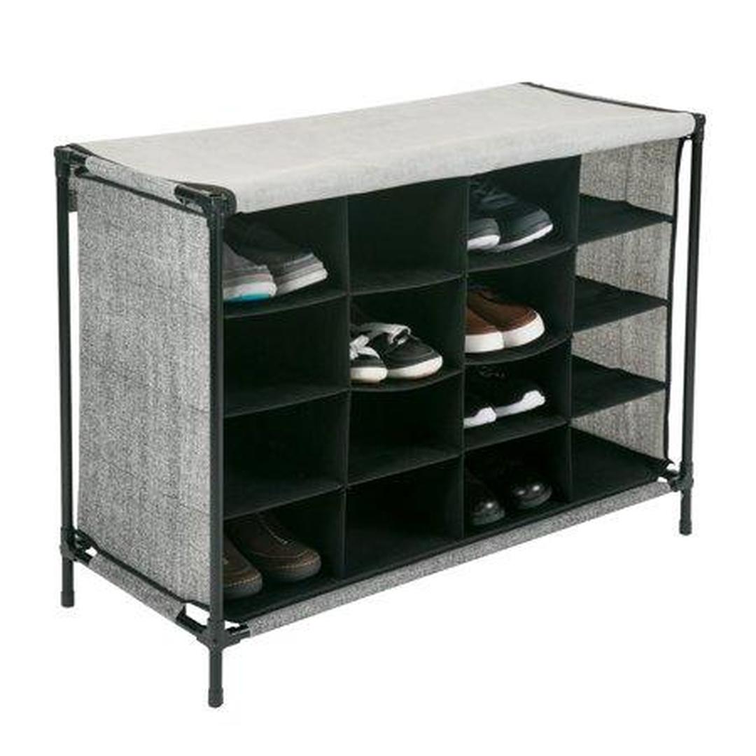 16 Compartment Shoe Cubby Organizer W/Cover, 4 Tiers - Black