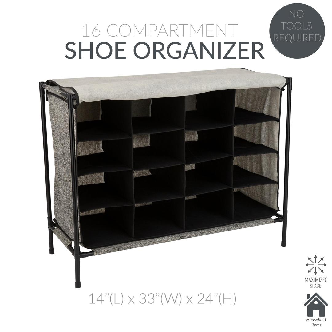 16 Compartment Shoe Cubby Organizer W/Cover, 4 Tiers - Black