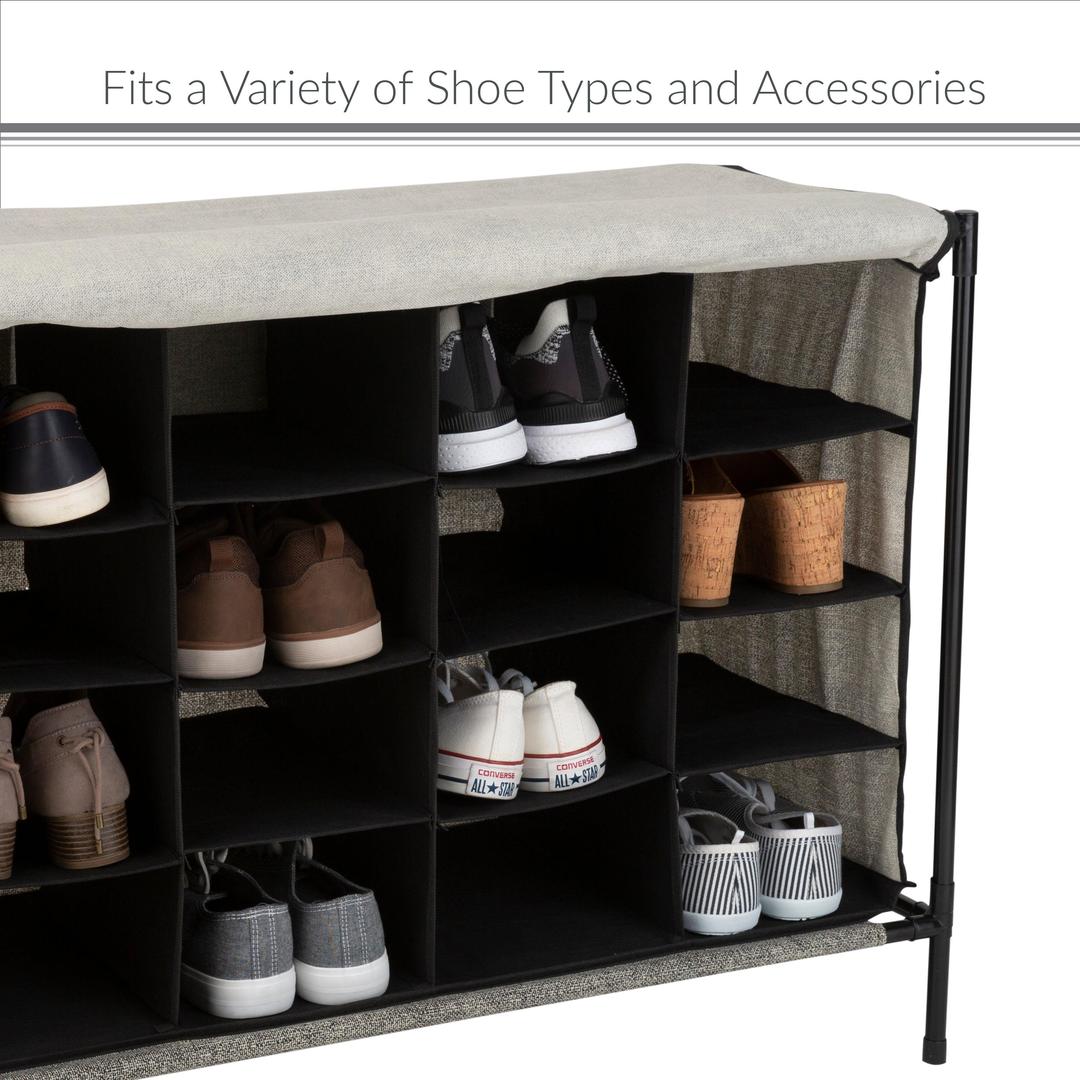 16 Compartment Shoe Cubby Organizer W/Cover, 4 Tiers - Black