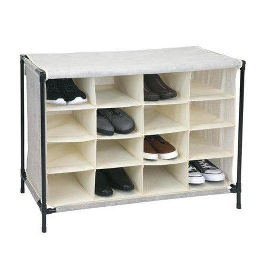 16 Compartment Shoe Cubby Organizer W/Cover, 4 Tiers - Ivory