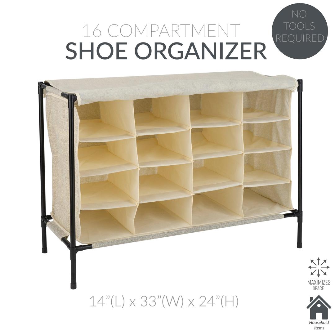 16 Compartment Shoe Cubby Organizer W/Cover, 4 Tiers - Ivory