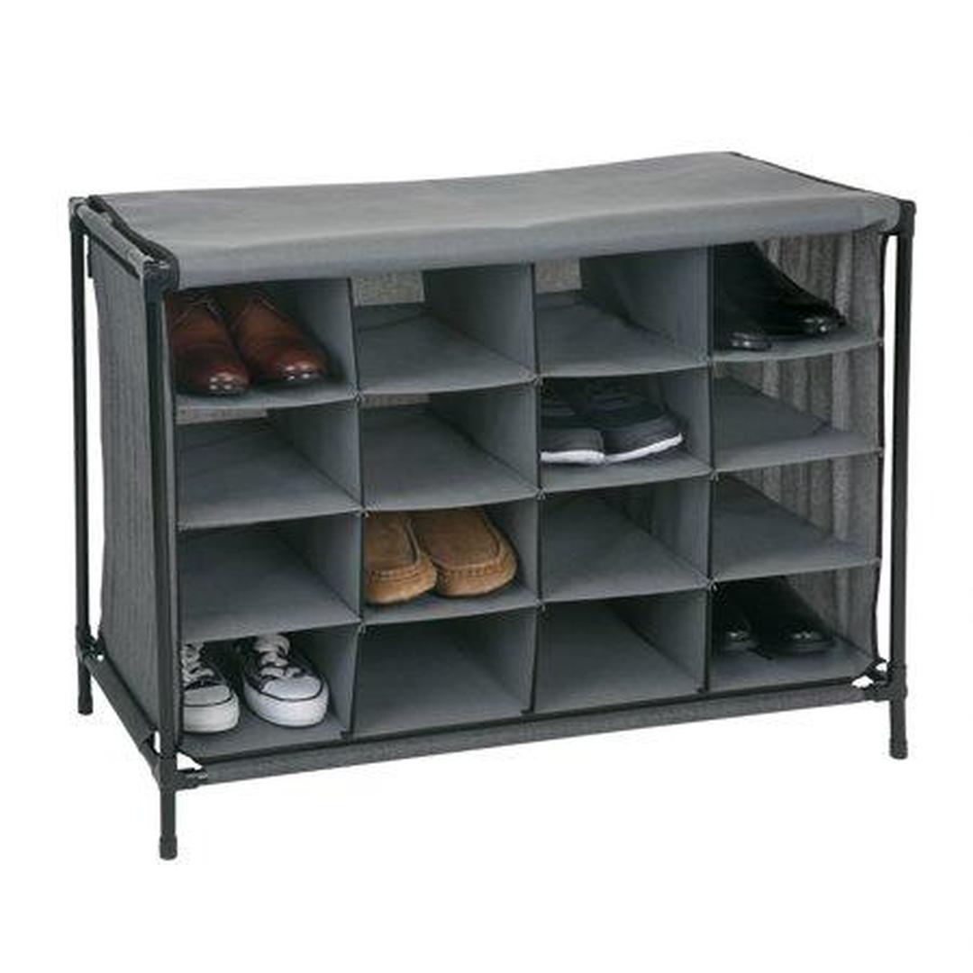 16 Compartment Shoe Cubby Organizer W/Cover, 4 Tiers - Grey