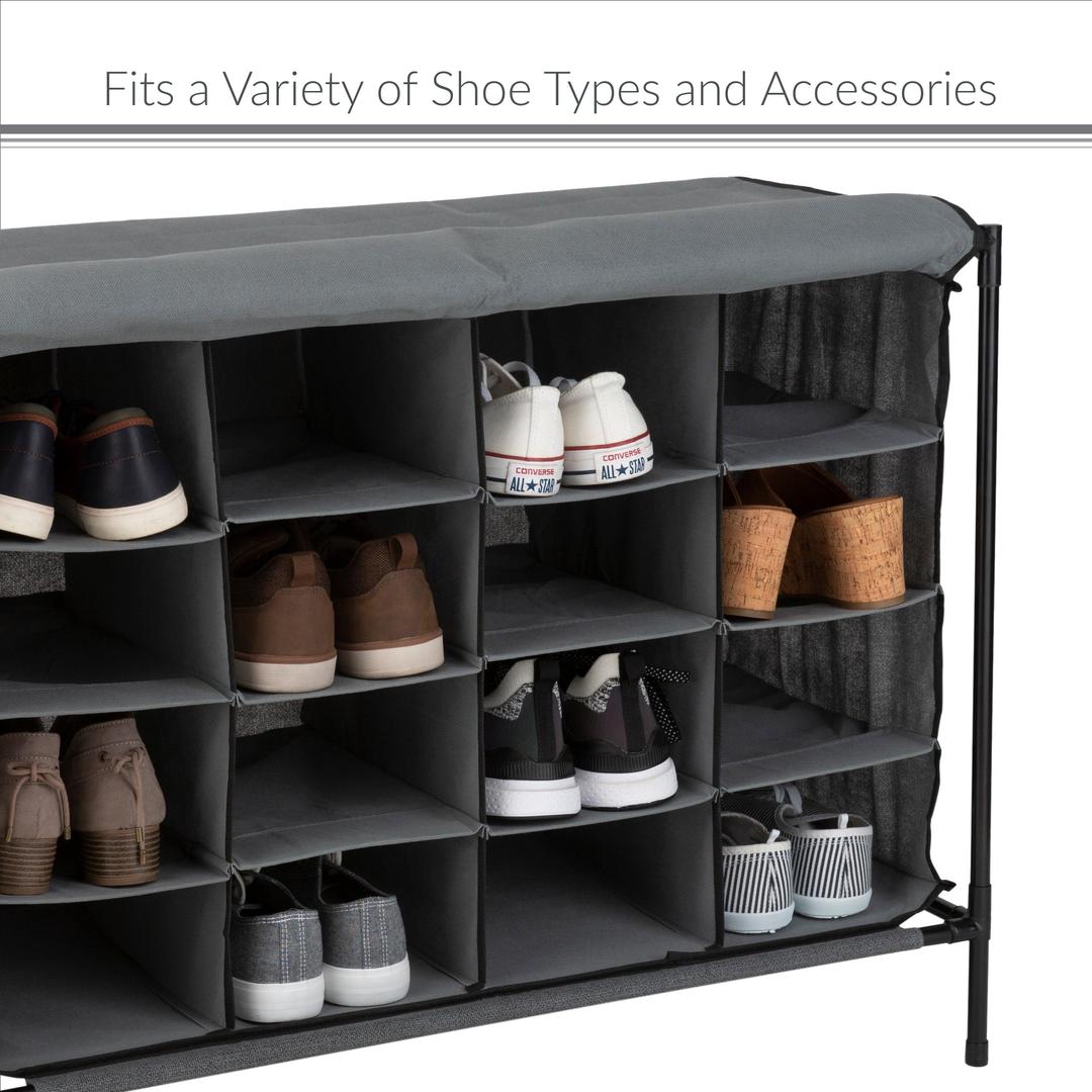 16 Compartment Shoe Cubby Organizer W/Cover, 4 Tiers - Grey