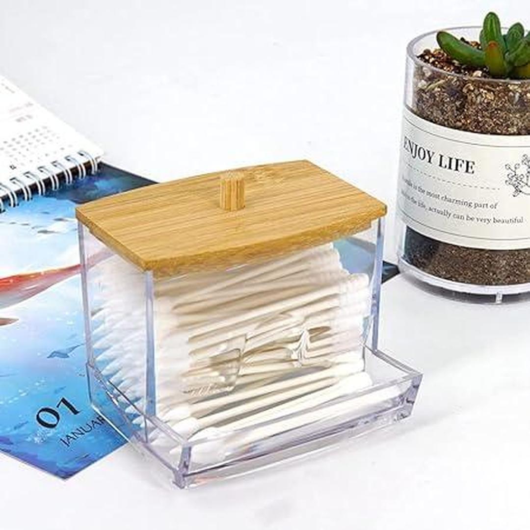 CLEAR Q TIP HOLDER W. BAMBOO LID AND ROUND KNOB