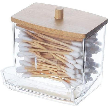 CLEAR Q TIP HOLDER W. BAMBOO LID AND ROUND KNOB