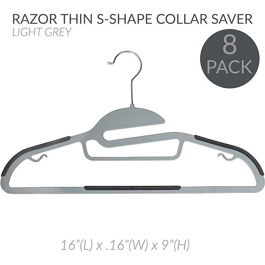 Simplify 8 Pack Ultimate Hanger | S-Shape Collar Saver | Ultra-Thin | Light Grey