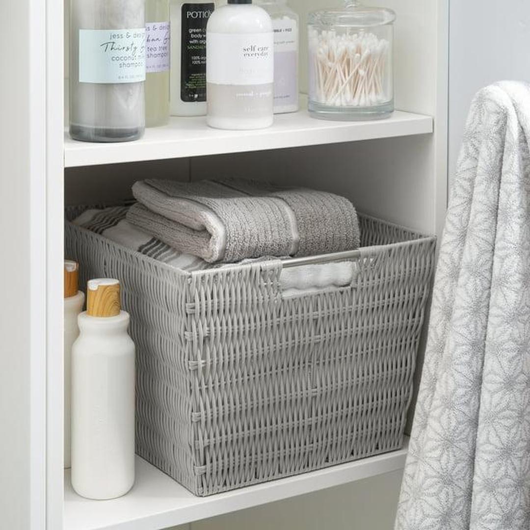 Simplify Large Rattan Tote Storage Basket in Grey