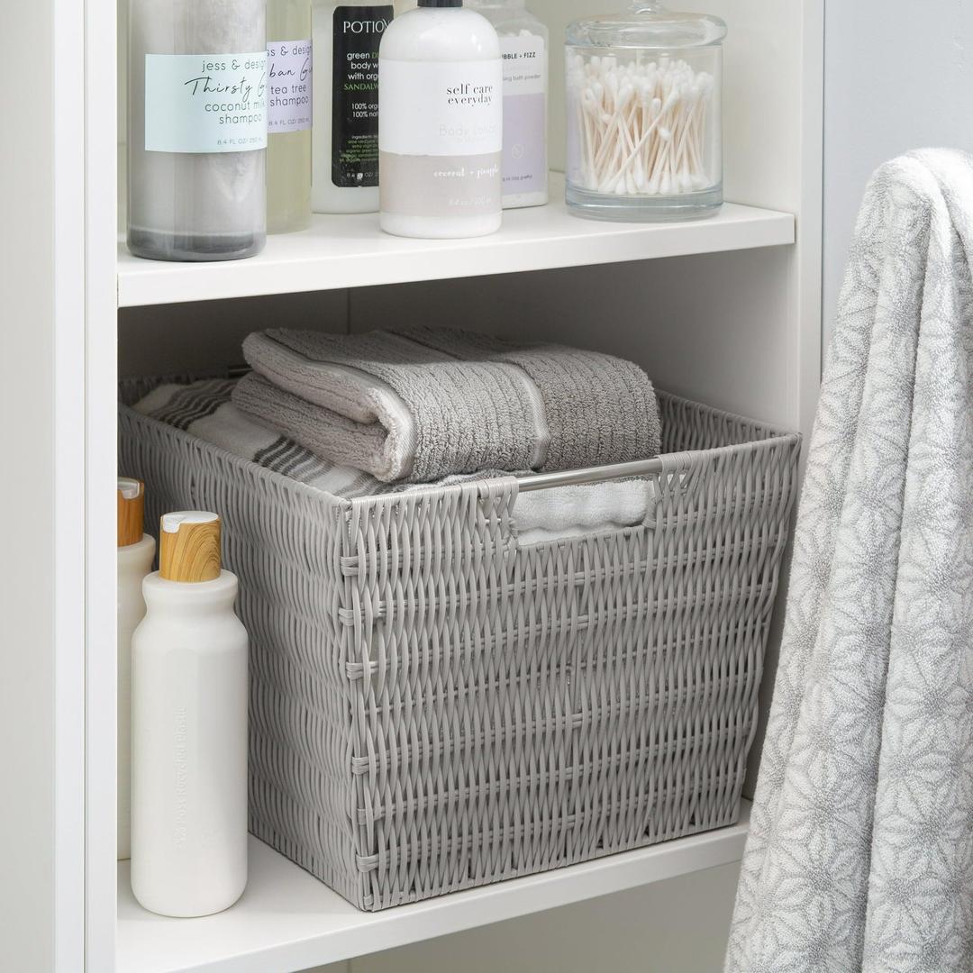 Simplify Medium Rattan Storage Tote Basket in Grey