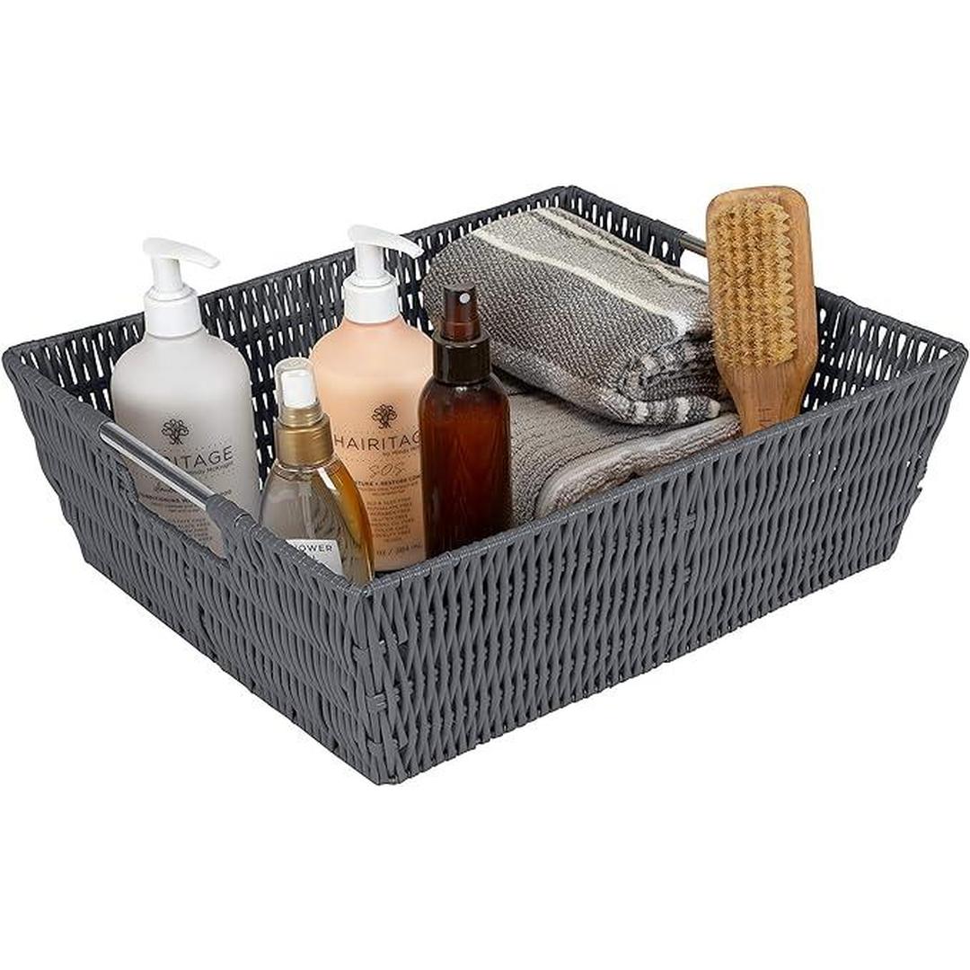Simplify Large Shelf Storage Rattan Tote Basket in Charcoal