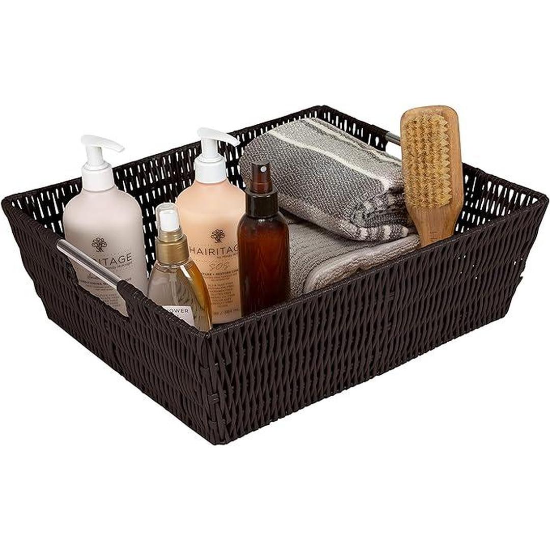 Simplify Large Shelf Storage Rattan Tote Basket in Chocolate