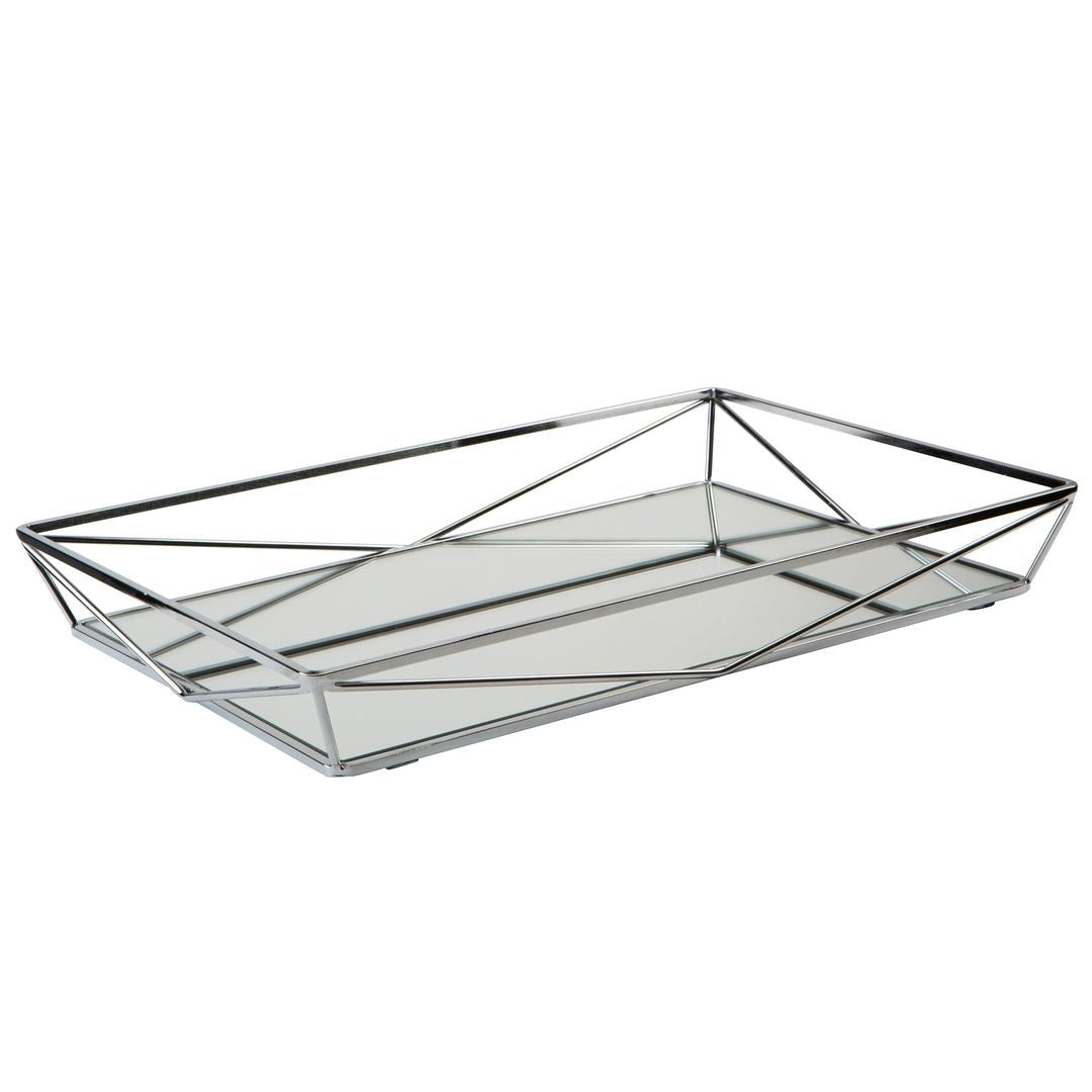 Home Details Large Geometric Mirrored Vanity Tray | Dimensions: 15.75"x 11"x 2.1" | Chrome | Home Organization | Perfect for Vanity or Dresser | Glass Base