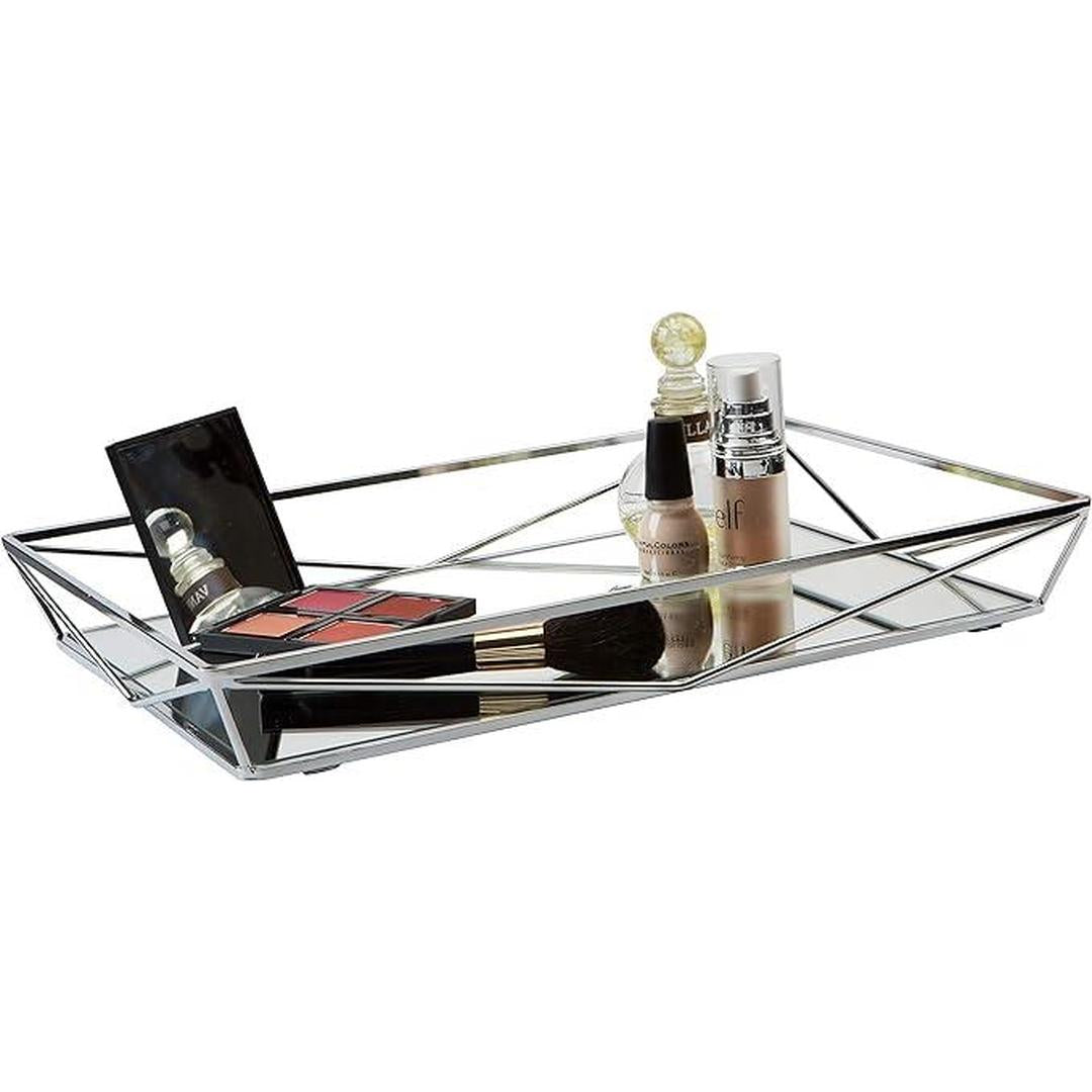 Home Details Large Geometric Mirrored Vanity Tray | Dimensions: 15.75"x 11"x 2.1" | Chrome | Home Organization | Perfect for Vanity or Dresser | Glass Base