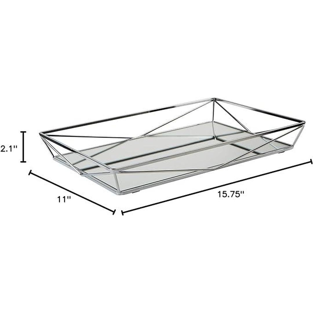 Home Details Large Geometric Mirrored Vanity Tray | Dimensions: 15.75"x 11"x 2.1" | Chrome | Home Organization | Perfect for Vanity or Dresser | Glass Base