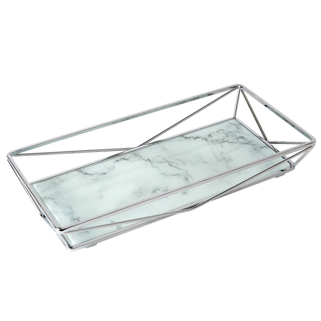 Marble Tempered Glass Rectangular Vanity Tray in Chrome