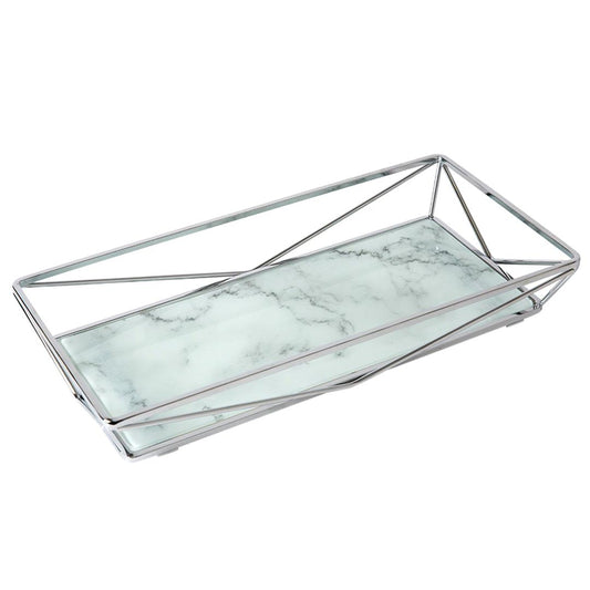 Marble Tempered Glass Rectangular Vanity Tray in Chrome