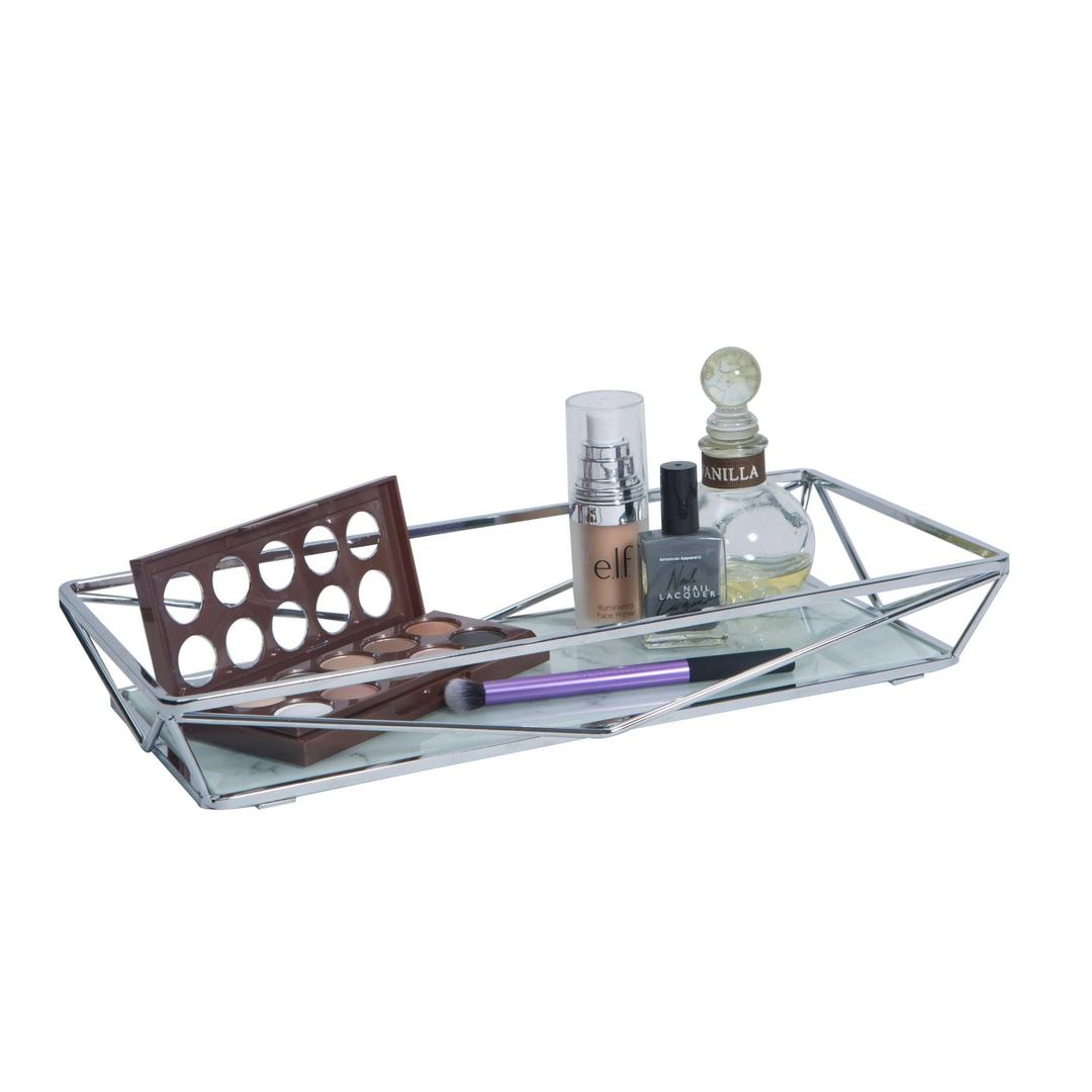 Marble Tempered Glass Rectangular Vanity Tray in Chrome