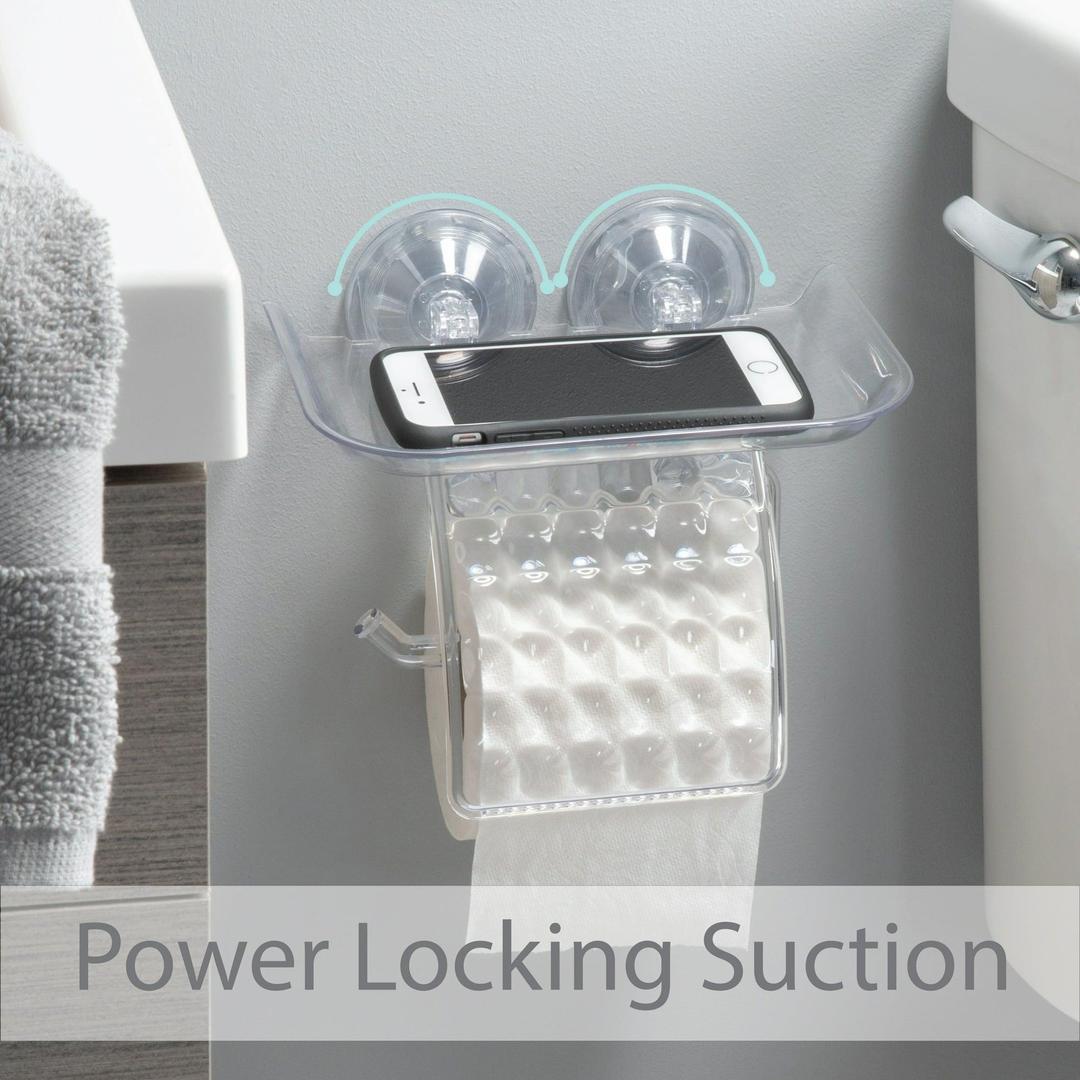 Bath Bliss Power Lock Suction Cup Toilet Paper Dispenser with Cell Phone Holder, Clear