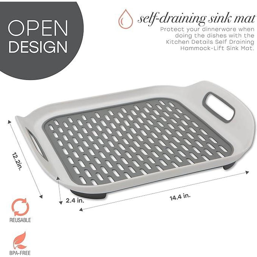 Kitchen Details Self Draining Hammock-Lift Sink Mat | Dimensions: 14 12. 2" x 2. 4" | Large Design | Kitchen | Laundry | Durable | Protects | Accessories, White