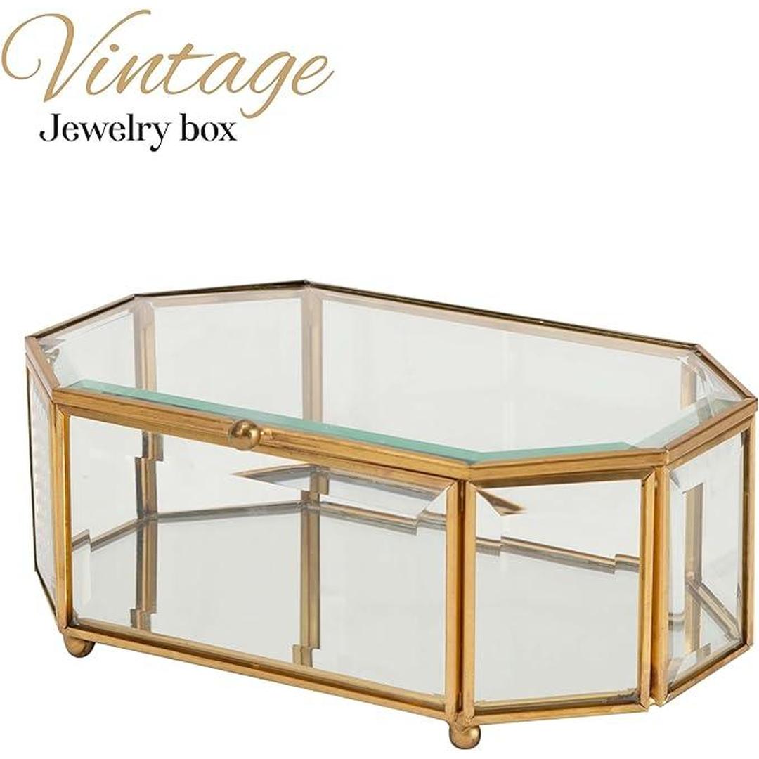 Home Details Vintage Mirrored Bottom Octagonal Glass Keepsake Box in Gold