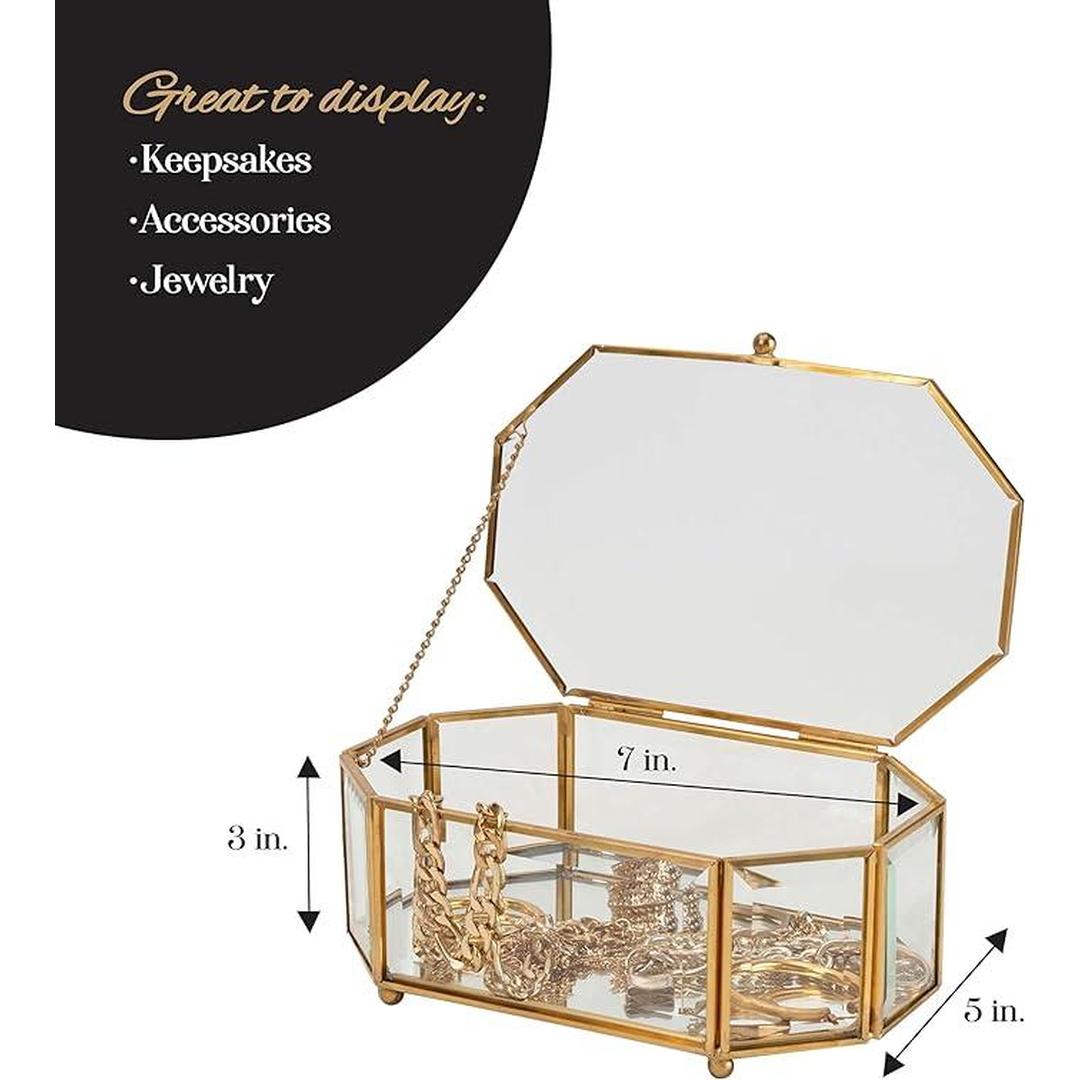 Home Details Vintage Mirrored Bottom Octagonal Glass Keepsake Box in Gold