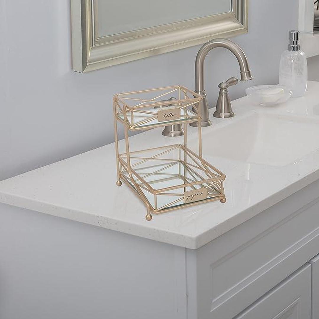 Home Details 2 Tier Sleek Vanity Tower in Satin Gold - Satin Gold - 5.51"x 6.5"x 6.69"