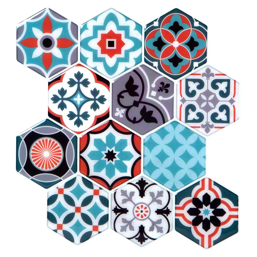 Simplify Peel & Stick Epoxide Wall Tile 4 Pack | Hexagon Moroccan | Blue and Orange