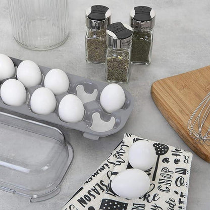 Kitchen Details 12 Egg Holder with Lid | Dimensions: 13"x 4.72"x 2.56" | Holds 12 Large Eggs | Stackable | Click Tight Clear Lid | | Kitchen Organization | White