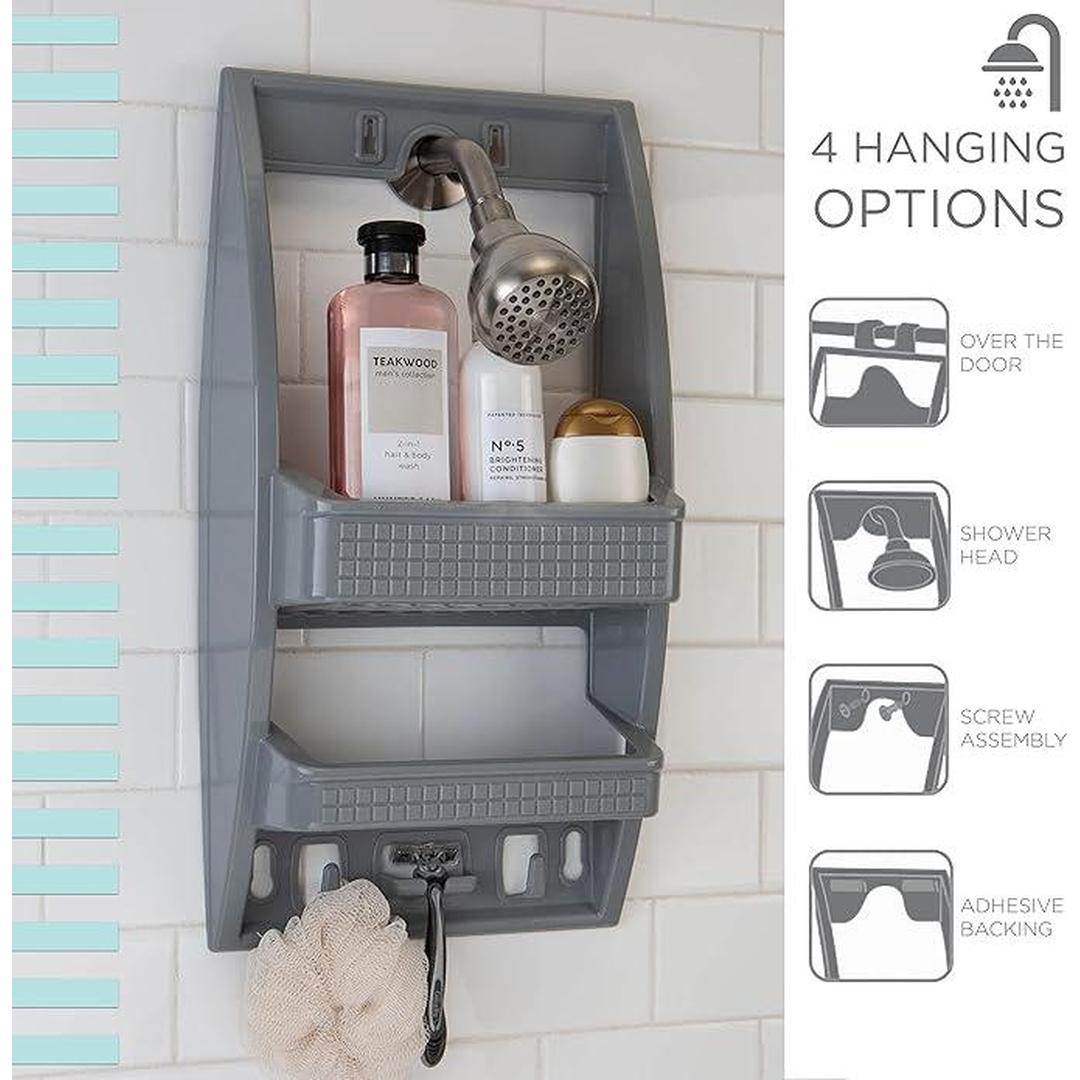 Bath Bliss Multi-Option Shower Caddy - Over-the-Showerhead, Adhesive Backing, Screw Mount, Grey - Organize with Large Bottle Holders, Razor & Loofah Hooks