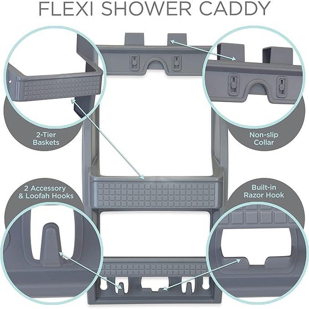 Bath Bliss Multi-Option Shower Caddy - Over-the-Showerhead, Adhesive Backing, Screw Mount, Grey - Organize with Large Bottle Holders, Razor & Loofah Hooks