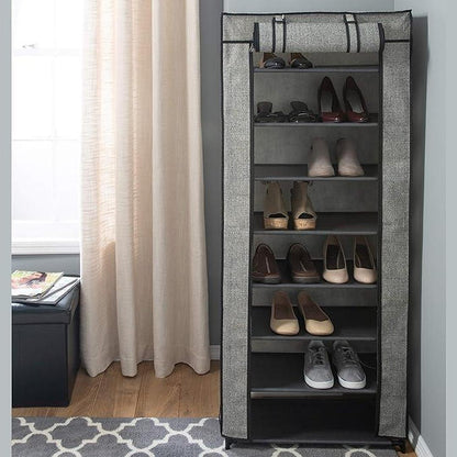 Simplify 8 Tier Shoe Storage Closet Organizer Rack with Cover | Free Standing | Holds 24 Pairs | Black