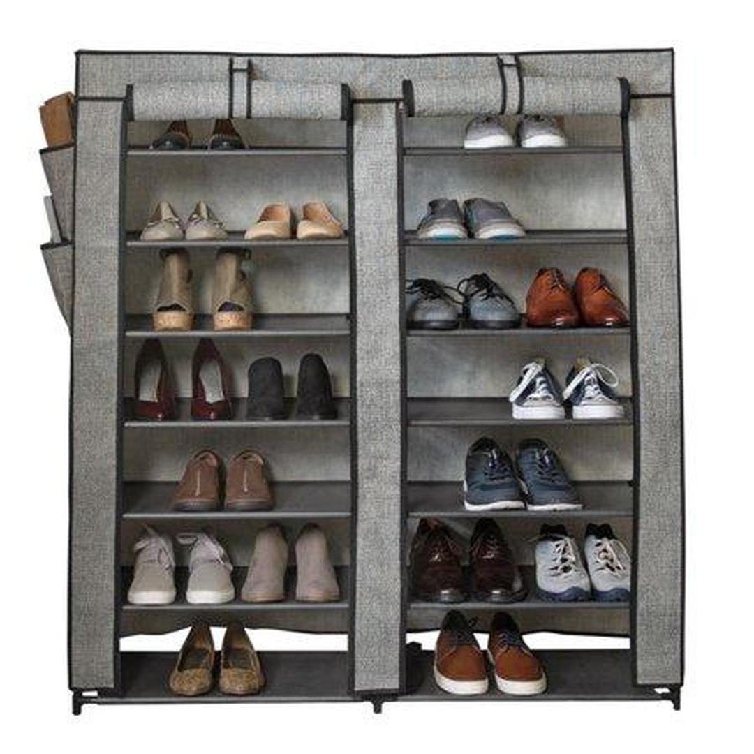 Simplify 7-Tier Double Wide 14 Shelf Bedroom Shoe Organizer, Black and Gray