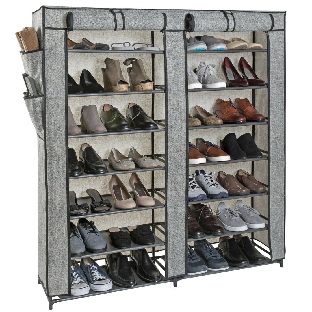 Simplify 7-Tier Double Wide 14 Shelf Bedroom Shoe Organizer, Black and Gray