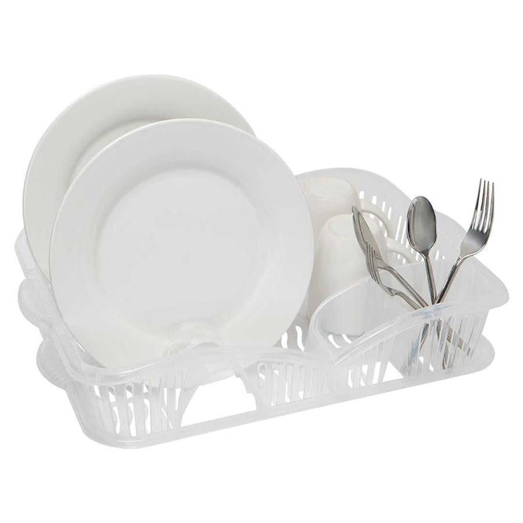 PLASTIC DISH RACK ORGANIZER WITH DRAIN BOARD AND UTENSIL CUP - CLEAR