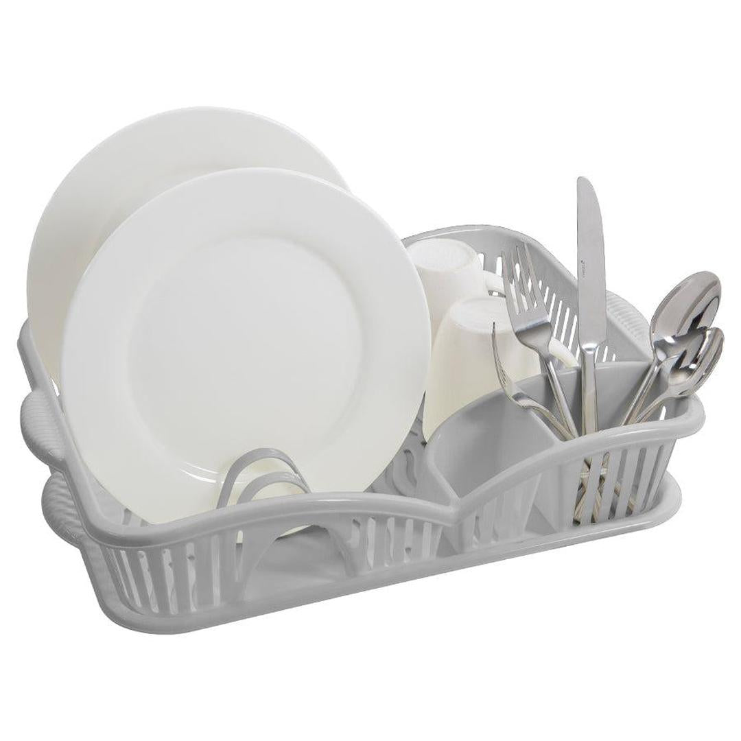 PLASTIC DISH RACK ORGANIZER WITH DRAIN BOARD AND UTENSIL CUP - GREY