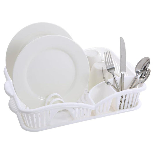 PLASTIC DISH RACK ORGANIZER WITH DRAIN BOARD AND UTENSIL CUP - WHITE