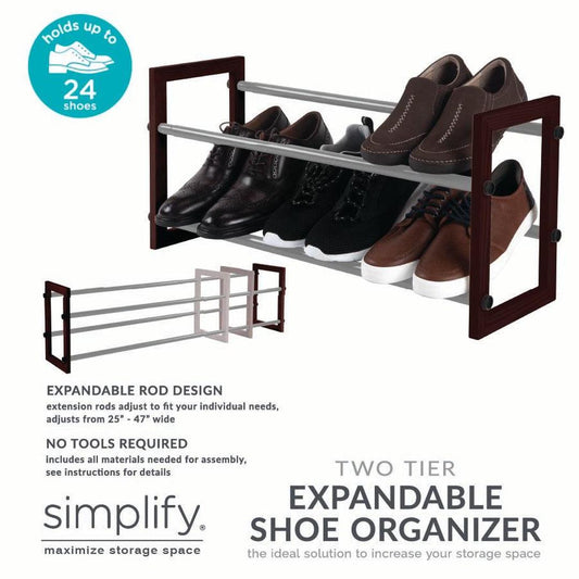 2-Tier Expandable Floor Shoe Rack with Room for up to 24 Pairs - Silver