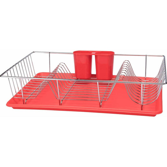 Kitchen Details 3 Piece Chrome Dishrack with Tray in Red, 19" x 12" x 4"