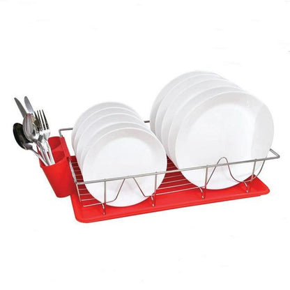 Kitchen Details 3 Piece Chrome Dishrack with Tray in Red, 19" x 12" x 4"