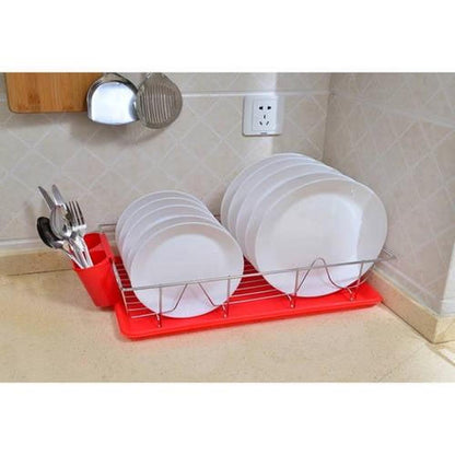 Kitchen Details 3 Piece Chrome Dishrack with Tray in Red, 19" x 12" x 4"